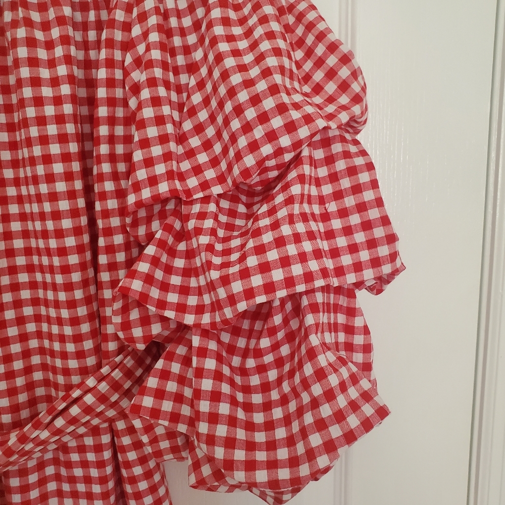Red Gingham Dramatic Puff Pick Up Sleeves Ruffle Bottom Off Shoulder Dress S - Picture 5 of 15